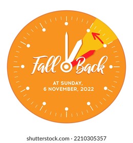 Fall zurück. Die Tageslichteinsparung endet 2022. Clock-Dial mit rückwärts bewegten Händen um eine Stunde. Fall Back Time Banner mit Datum 6. November. Einfaches minimalistisches Grafikprogramm