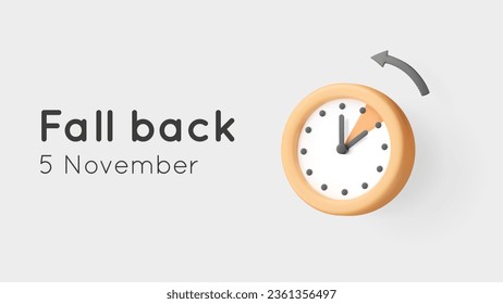 Fall back, Daylight saving time banner with 3d vector clock and arrow render. Reminder illustration with text. Classic watch turning to an hour back on light gray background. Calendar date. 