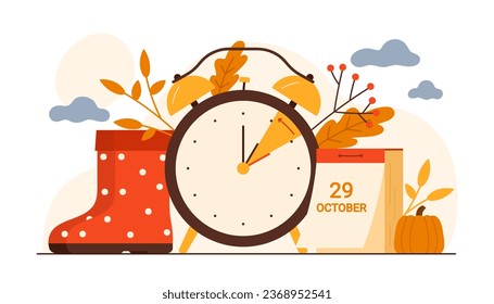 Fall back, daylight saving time ends vector illustration. Cartoon alarm clock and pumpkin, autumn boots and leaves, vintage calendar with date of October 29, 2023, when hand of clock turns backwards