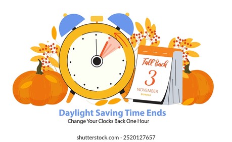 Fall Back or Daylight Saving Time Ends concept banner. Schedule with Alarm Clock turning back on hour and calendar showing date - 3 November, Sunday 2024. DST information poster with pumpkins