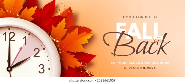 Fall Back. Daylight saving time ends banner with realistic wall clock and bright autumn foliage decoration on orange background. Set your clocks back one hour on November 3, 2024. Vector illustration