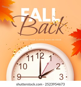 Fall Back. Daylight saving time ends banner with realistic wall clock and colorful autumn maple leaves on orange background. Change your clocks back an hour on November 3, 2024. Vector illustration