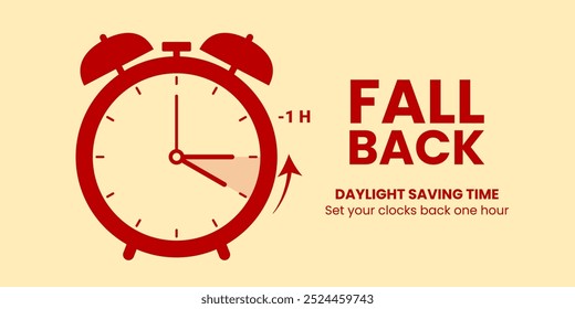 Fall back. Daylight saving time ends banner with alarm clock turning back one hour. Reminder schedule. Vector illustration