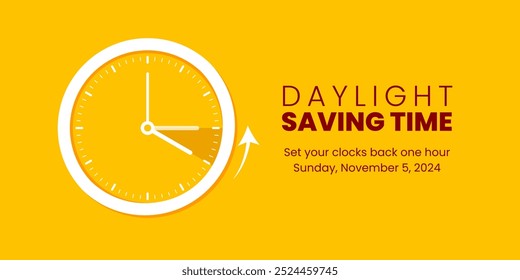 Fall back. Daylight saving time ends banner with alarm clock turning back one hour. Reminder schedule. Vector illustration