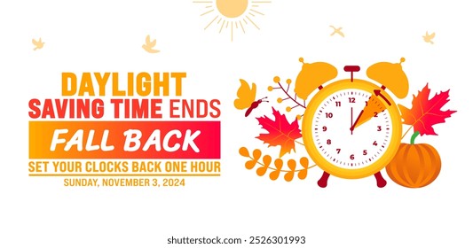 Fall Back daylight saving time ends 2024 background or banner design template. Fall Back Time 2024 is observed every year in November. Set Your Clock Back One Hour banner with clock.