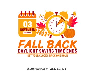 Fall Back daylight saving time ends 2024 background or banner design template. Fall Back Time 2024 is observed every year in November. Set Your Clock Back One Hour banner with clock.