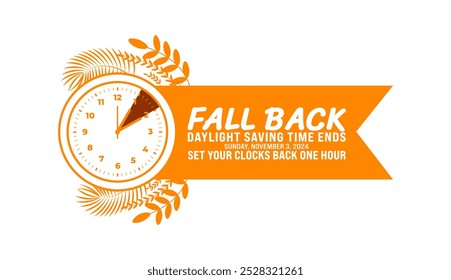 Fall Back Sommerzeit endet 2024 Hintergrund oder Banner Design-Vorlage. Fall Back Time 2024 wird jedes Jahr im November beobachtet. Stellen Sie Ihr Uhren-Banner mit einer Stunde zurück.