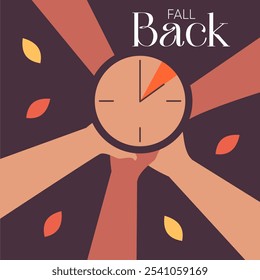 Fall Back. Daylight saving time ends banner with wall clock and bright autumn foliage decoration and people community. Set your clocks back one hour on November 3, 2024. Flat Vector illustration.