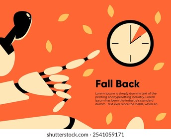 Fall Back. Daylight saving time ends banner with AI Robot wall clock and bright autumn foliage decoration. Set your clocks back one hour on November 3, 2024. Flat Vector illustration.