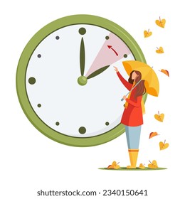 Fall back green clock in modern flat style. Autumn landscape with girl character with yellow umbrella and falling leaves. Daylight saving time end concept.