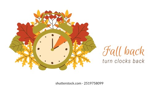 Fall Back reminder banner. Daylight saving time ends info background. Simple hand drawn alarm clock and information set clocks back Wintertime.