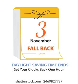 Fall Back Time Calendar Date 3 November, 2024. Daylight Saving Time Ends Web Banner with Reminder Text Change Clocks Back One Hour. Vector illustration