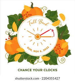 Fall back time concept banner. Clock on the fall background with pumpkins and autumn leaves. The handles of clock turn back on hour. Daylight saving time ends reminder. Vector illustration