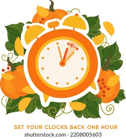 Fall Back Time Concept Banner. Clock On The Fall Background With Pumpkins And Autumn Leaves. The Handles Of Clock Turn Back On Hour. Daylight Saving Time Ends Reminder. Vector Illustration