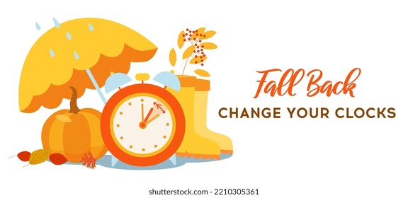 Fall Back Time concept poster. Daylight saving time ends, reminder banner. Clock change back one hour. Orange alarm clock with pumpkins and autumn decoration