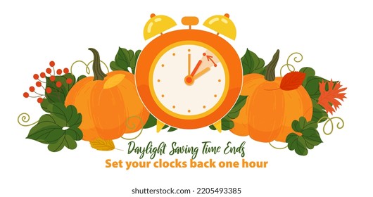 Fall Back time. Daylight Saving Time End banner. Clocks with turning hand one hour back, switch to winter time. Alarm clock decorated with pumpkins and autumn leaves. Banner, poster schedule design