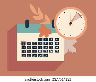 Volvamos a EE.UU. y Canadá 2023, cambio de reloj de vuelta una hora, Daylight Saving Time Terds anuncio de recordatorio web. Relojes con la mano de flecha dando vuelta una hora. Banner web de estética vectorial minimalista.