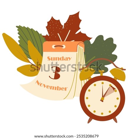 Fall Back in USA and Canada 2024, change clock back one hour, Daylight Saving Time Ends web reminder banner in flat style. Clocks with arrow hand turning back an hour. Minimalist aesthetic web banner