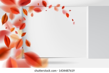 Fall background with blurred flying red leaves in white studio room, autumn nature vector isolated design
