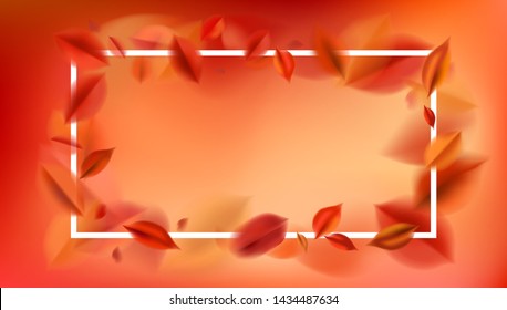 Fall background with blurred flying red leaves and white frame, autumn nature vector design