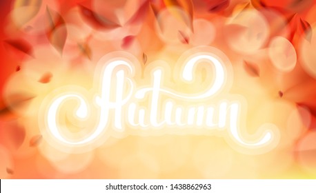 Fall background with blurred flying red leaves and Autumn text, nature vector illustration