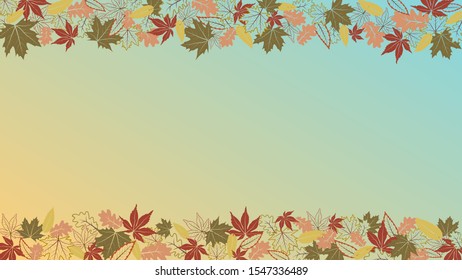 Fall background with colorful and outline autumnal maple rowan oak leaves. Vector banner with frames for sale, advertising, poster, web.