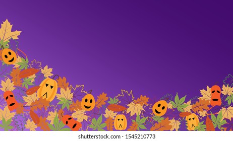 Fall background with colorful and outline leaves and funny pumpkins. Autumn frame, banner, border with place for your text for sale, advertising, web.