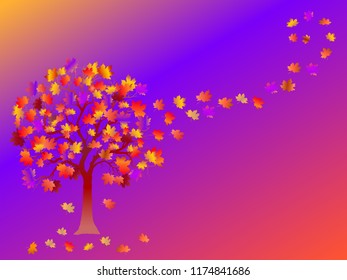 Fall background with colorful tree and  falling leaves on purple background.  Elegant design with copy space. Vector and raster format available.