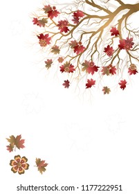 Fall background with colorful tree and  falling leaves isolated on white background. Elegant design with copy space. Editable, can be used on brochures, posters etc. Vector and raster format.