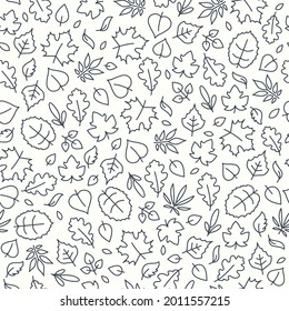 Fondo de caída con hoja de bosque, patrón de otoño sin costuras. Ilustración vectorial dibujada por mano 