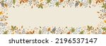 Fall background with hand drawn colorful forest branches and leaves. Autumn frame with cozy elements. Thanksgiving and Harvest Day. Cute warm vector design for horizontal banner, sale, poster, cover