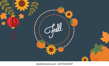 Fondo de otoño con caquis de linterna, girasoles y hojas de otoño