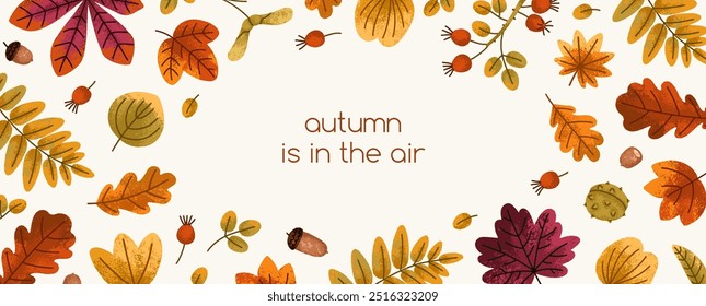 Fall background, leaf framed banner design. Autumn card with leaves, forest foliage, botanical elements pattern. Seasonal backdrop template with floral natural pattern. Flat vector illustration