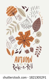 Fall background with leaves, rain and lettering. Autumn is a rock-n-roll.