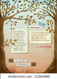 Fall Background Page, with text plates, framed by two strong healthy trees, with big trunks, autumn leaves, and a blue bird