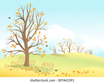 Fall Background Scene with Trees, Leaves, Hills and Birds