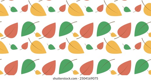 Fall Background. Seamless pattern. Multicolored autumn leaves on white background. For fabric design, cover, packaging. Vector graphics  