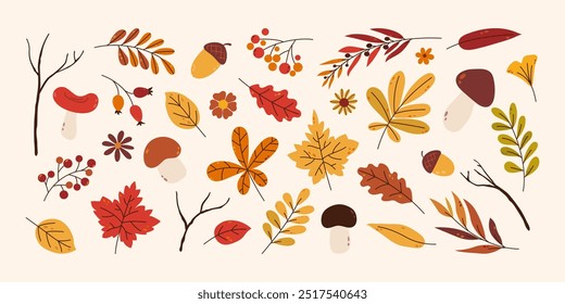 Fondo de otoño. Varias hojas mínimas dibujadas a mano, bayas, ramas y setas en estilo plano. Elementos para su diseño.