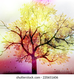 Fall Background - Warm Autumn Colors, Branch Covered with Fall Leaves  and Rain - Vector Illustration
