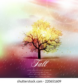 Fall Background - Warm Autumn Colors, Branch Covered with Fall Leaves  and Rain - Vector Illustration