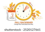 Fall Backward banner reminder showing turning clock back one hour and calendar with date - November 3, 2024. Fall Back vector illustration info poster with autumn decoration