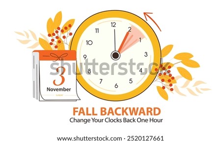 Fall Backward banner reminder showing turning clock back one hour and calendar with date - November 3, 2024. Fall Back vector illustration info poster with autumn decoration