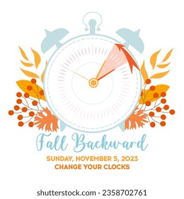 Fall Backward. Daylight saving time ends banner. Fall Back at november. Change clock an hour back. Clocks in autumn style. Banner, Reminder, Schedule. DST Vector illustration in flat style