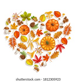 Fall banner with autumn foliage maple, oak, elm, pumpkin, chestnut, leaves rhus typhina, mushrooms and autumn berries for advertising shop. Vector illustration.