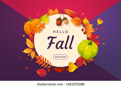 Fall banner design with colorful background of fallen red-orange leaves, acorn, rowan berries and ripe pumpkin. Autumn illustration with falling foliage.Decorative frame for your seasonal design.