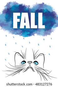 "FALL" banner design with dark clouds, rain and cat muzzle. Vector illustration.