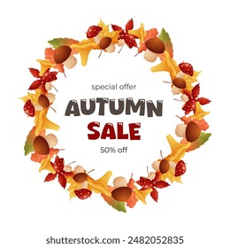 Fall banner, discount frame. Sale. On white isolated background.