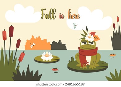 Fall banner with frog,foliage, lotus, flying insects, wildlife. Cute toads with wreath siiting on leaf in pond. Cartoon character face. Clipart. Nature background. Vector flat illustration
