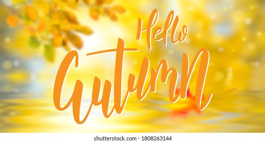Herbstbanner mit Hallo Herbst Pinsel Hand-Text. Modernes Kalligraphiezeichen, Vektor EPS10