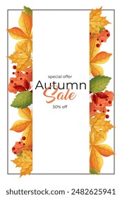 Fall Banner Sale. Frame of fall leaves on white background. Discount, flyer, banner